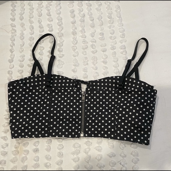 black and White Polka Dot Cropped Tank w padding and adjustable straps - Picture 3 of 5